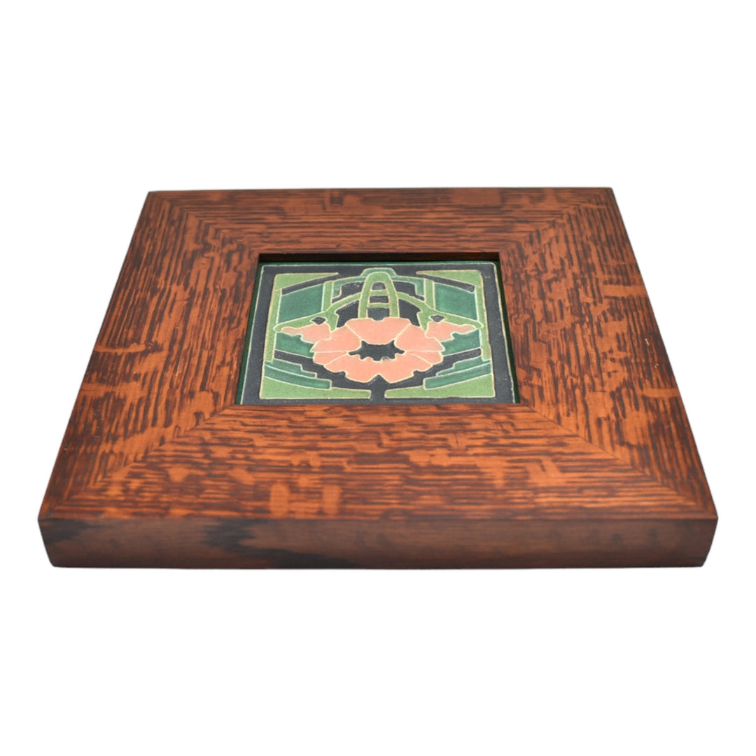 Motawi Tileworks Studio Art Pottery Pink Poppy Green Framed Ceramic Tile - Just Art Pottery