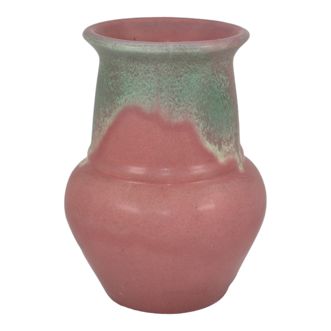 Muncie 1920s Vintage Art Deco Pottery Matte Green Over Rose Ceramic Vase 441 - Just Art Pottery