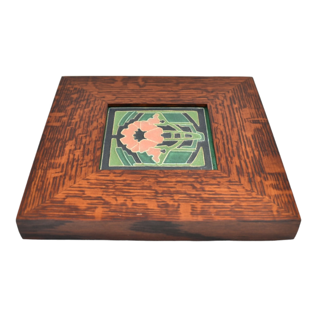 Motawi Tileworks Studio Art Pottery Pink Poppy Green Framed Ceramic Tile - Just Art Pottery
