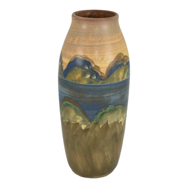 Peters and Reed Landsun 1920s Vintage Pottery Blue Brown Scenic Ceramic Vase 5 - Just Art Pottery