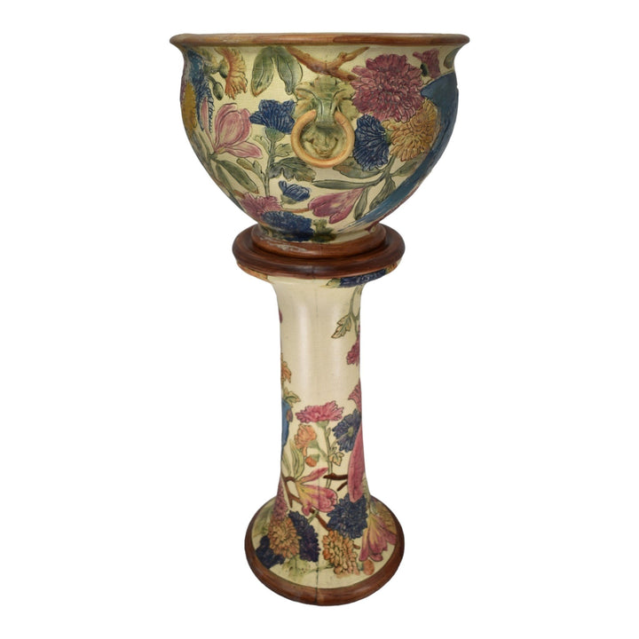 Weller Flemish Mid Teens-28 Art Pottery Birds And Floral Jardiniere And Pedestal - Just Art Pottery