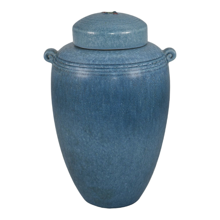 Weller Cornish 1933 Vintage Art Deco Pottery Blue Ceramic Covered Jar - Just Art Pottery