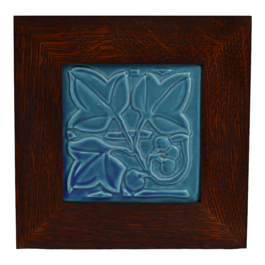 Tyge Traverse City Michigan Studio Pottery Matte Blue Grapes Leaves Framed Tile - Just Art Pottery