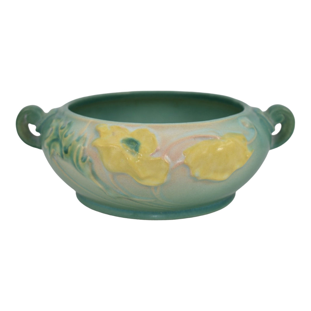 Roseville Poppy Green 1938 Vintage Art Pottery Handled Ceramic Bowl 336-5 - Just Art Pottery