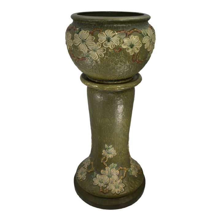 Roseville Dogwood Textured Green 1926 Pottery Ceramic Jardiniere Pedestal 608 - Just Art Pottery