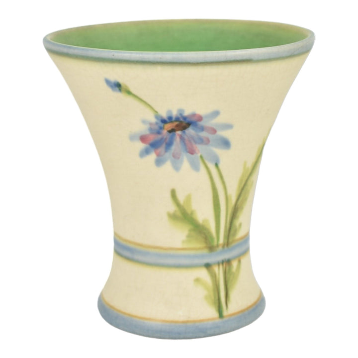 Weller Bonito 1927-33 Pottery Hand Painted Blue Daisy Flaring Rim Ceramic Vase - Just Art Pottery