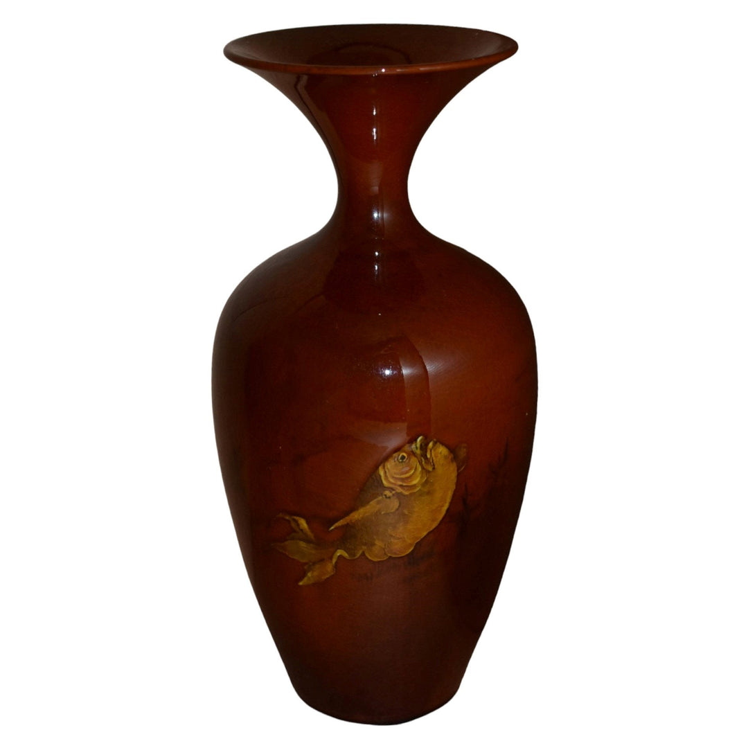 Rookwood 1885 Art Pottery Mahogany Glaze Painted Fish Vase 197D (Valentien) - Just Art Pottery