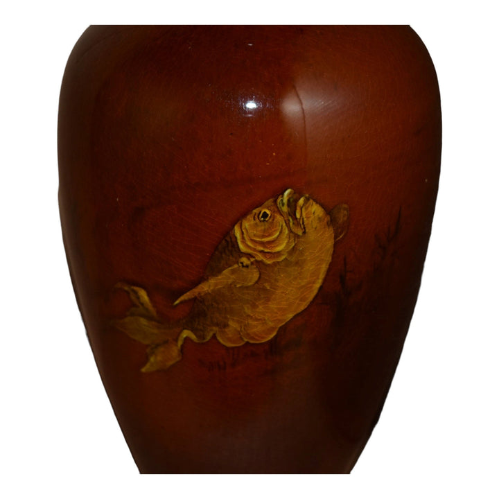 Rookwood 1885 Art Pottery Mahogany Glaze Painted Fish Vase 197D (Valentien) - Just Art Pottery