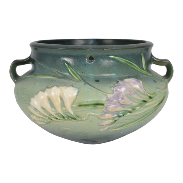 Roseville Freesia Green 1945 Vintage Art Pottery Hanging Basket Planter 471-5 - Just Art Pottery