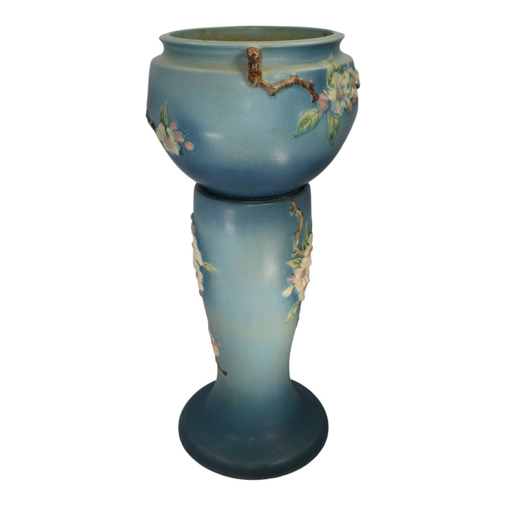 Roseville Apple Blossom Blue 1949 Vintage Pottery Jardiniere Pedestal 303-10 - Just Art Pottery