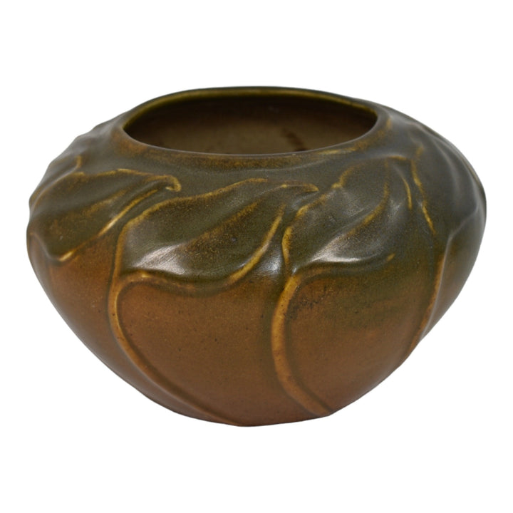 Van Briggle 1915 Arts And Crafts Pottery Matte Brown Leaves Bowl Vase 510 - Just Art Pottery