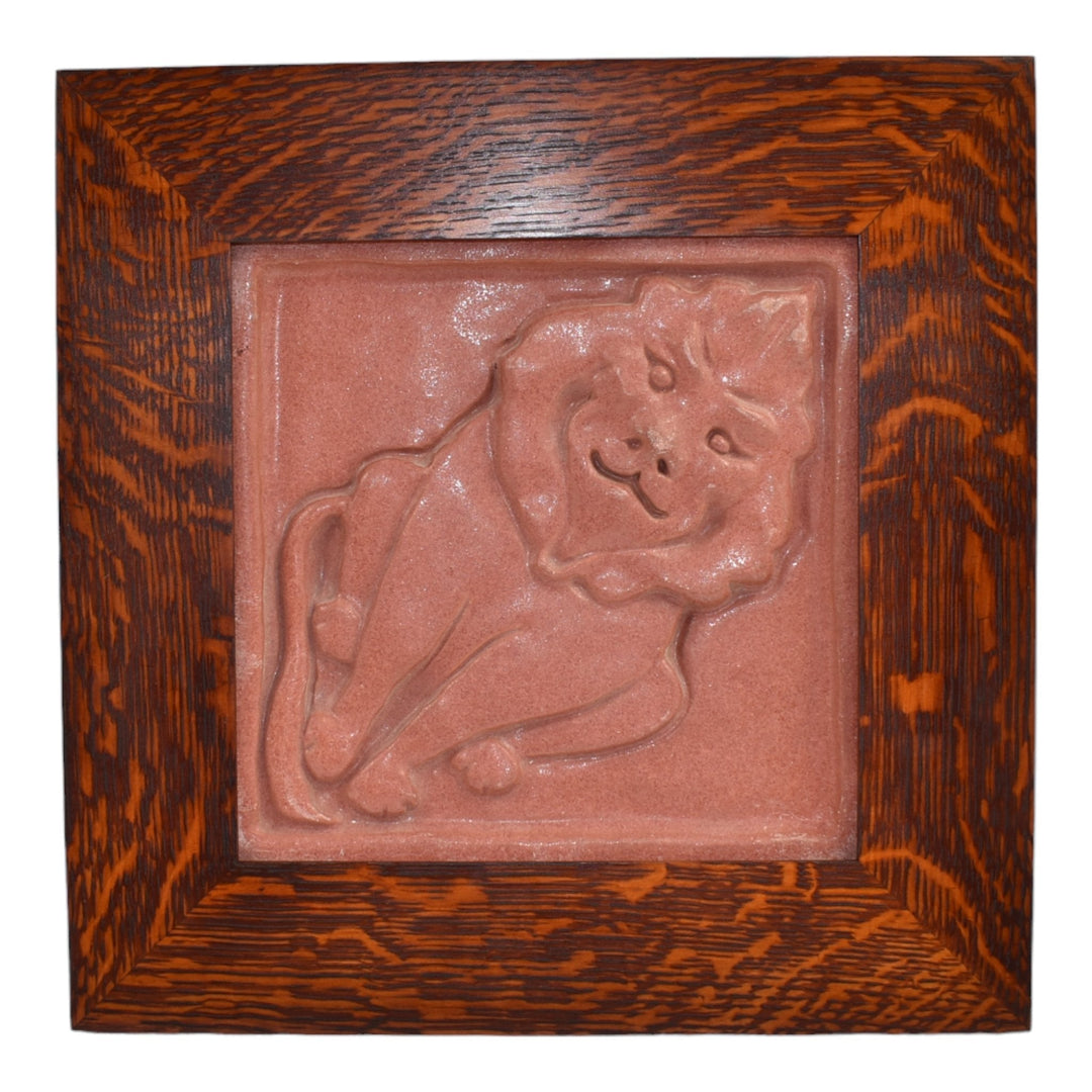 Pewabic Art Pottery Decorative Matte Red Lion Framed Ceramic Tile