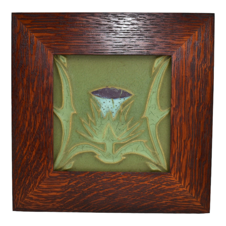 Rookwood Faience Arts And Crafts Pottery Blue Thistle Green Framed CeramicTile - Just Art Pottery
