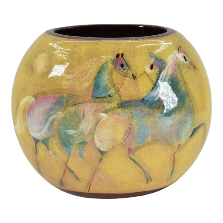 Pillin Studio Art Pottery Hand Painted Horses Yellow Ceramic Pillow Vase - Just Art Pottery