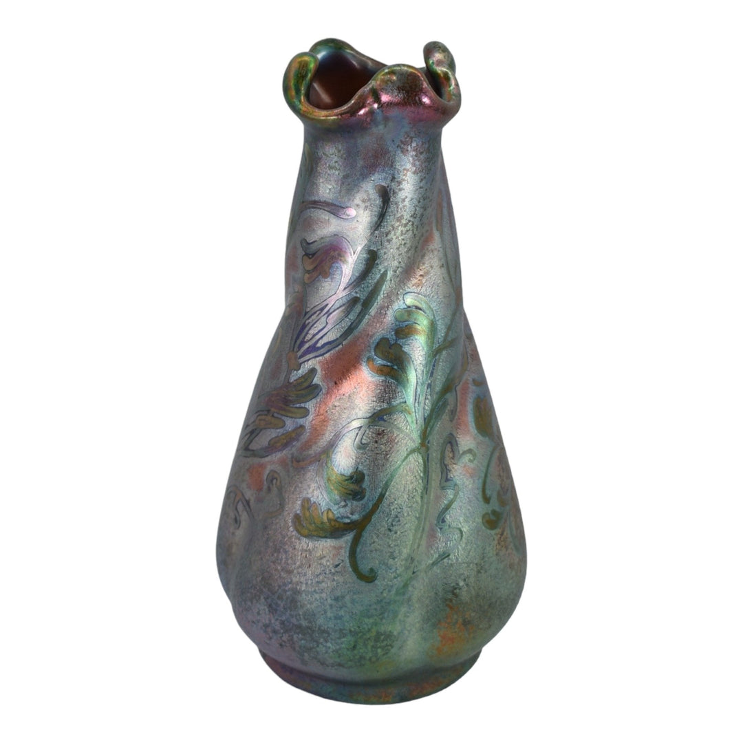 Weller Sicard 1902-07 Art Nouveau Pottery Iridescent Luster Floral Twist Vase - Just Art Pottery