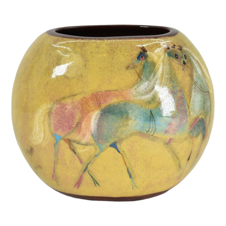 Pillin Studio Art Pottery Hand Painted Horses Yellow Ceramic Pillow Vase - Just Art Pottery