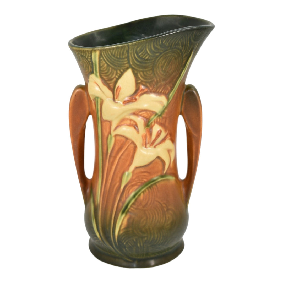 Roseville Zephyr Lily 1946 Vintage Mid Century Modern Pottery Brown Vase 135-9 - Just Art Pottery