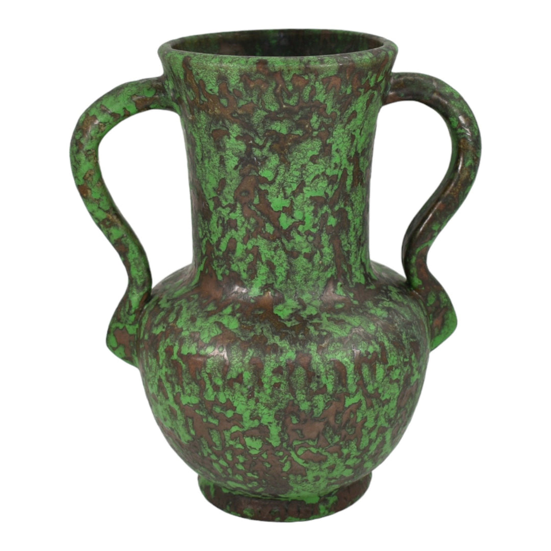 Weller Coppertone 1920s Vintage Arts and Crafts Pottery Green Handled Tall Vase - Just Art Pottery