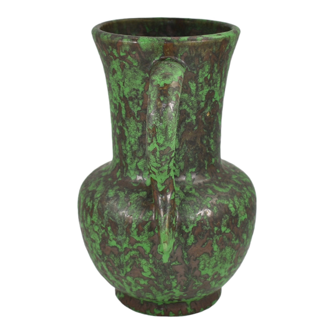 Weller Coppertone 1920s Vintage Arts and Crafts Pottery Green Handled Tall Vase - Just Art Pottery