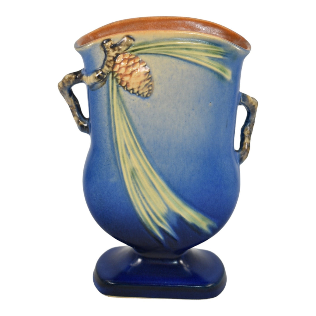 Roseville Pine Cone Blue 1936 Vintage Art Pottery Ceramic Pillow Vase 121-7 - Just Art Pottery