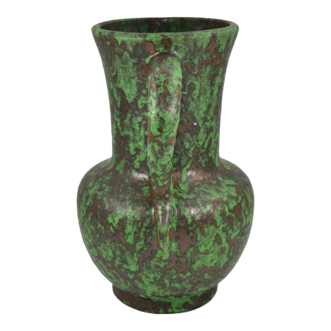 Weller Coppertone 1920s Vintage Arts and Crafts Pottery Green Handled Tall Vase - Just Art Pottery