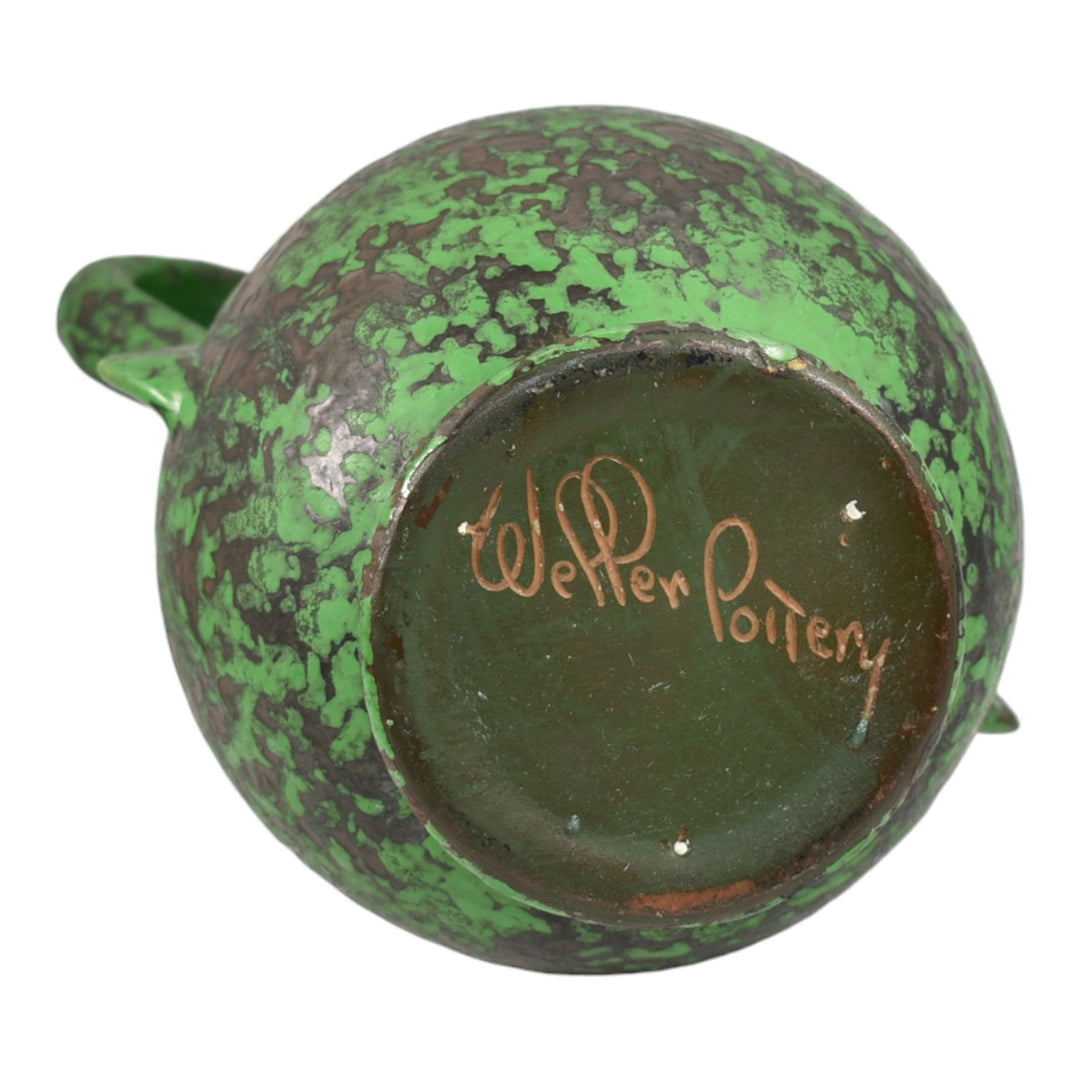 Weller Coppertone 1920s Vintage Arts and Crafts Pottery Green Handled Tall Vase - Just Art Pottery