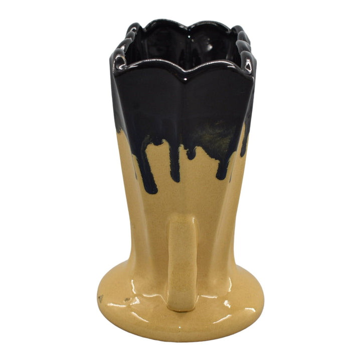 Zanesville Stoneware 1930s Art Pottery Ebonello Black Drip Yellow Fan Vase 851 - Just Art Pottery