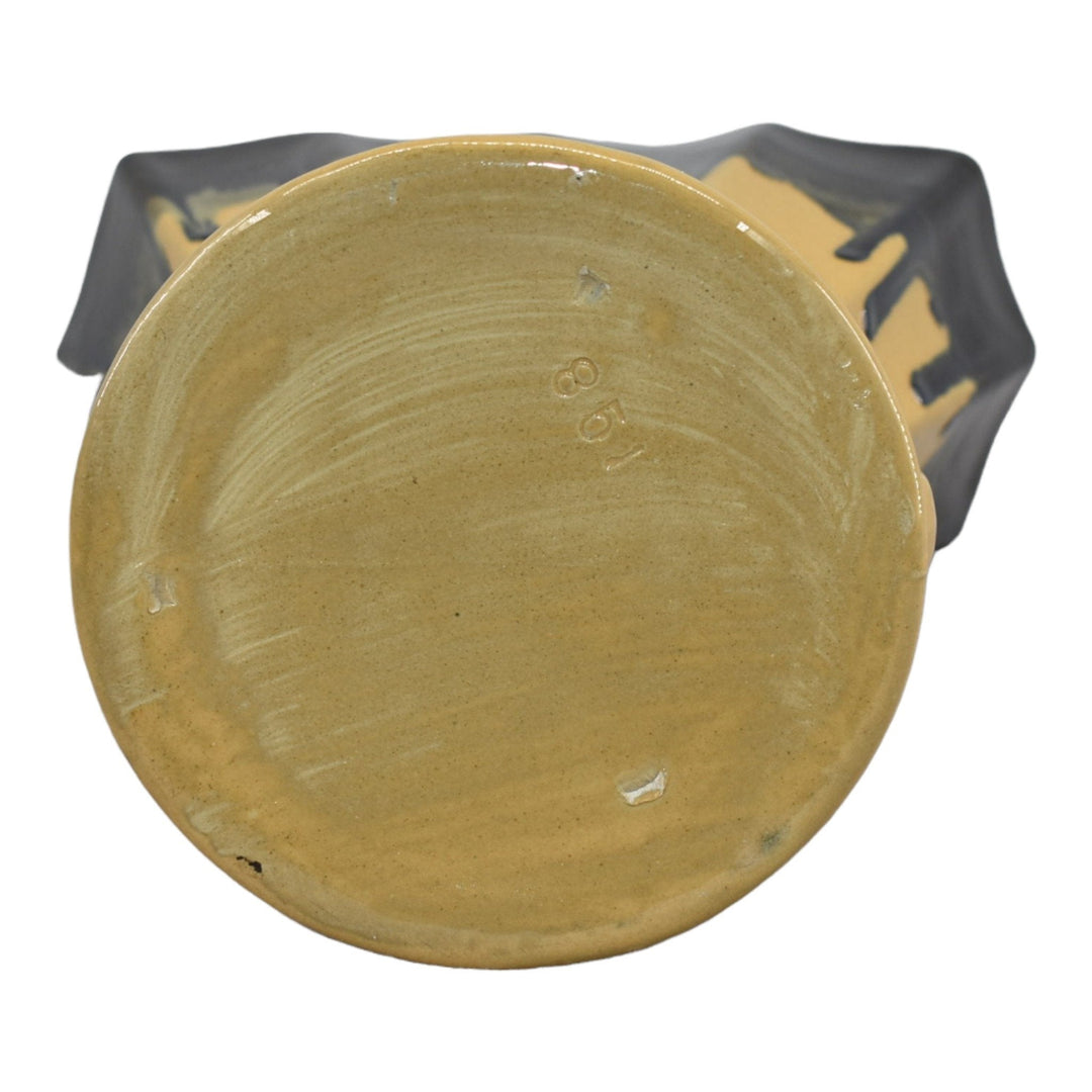 Zanesville Stoneware 1930s Art Pottery Ebonello Black Drip Yellow Fan Vase 851 - Just Art Pottery