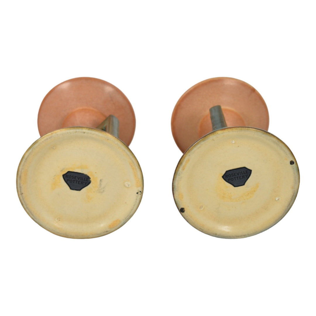 Roseville Futura Tan 1928 Vintage Art Pottery Aztec Ladies Candle Holders 1072-4 - Just Art Pottery