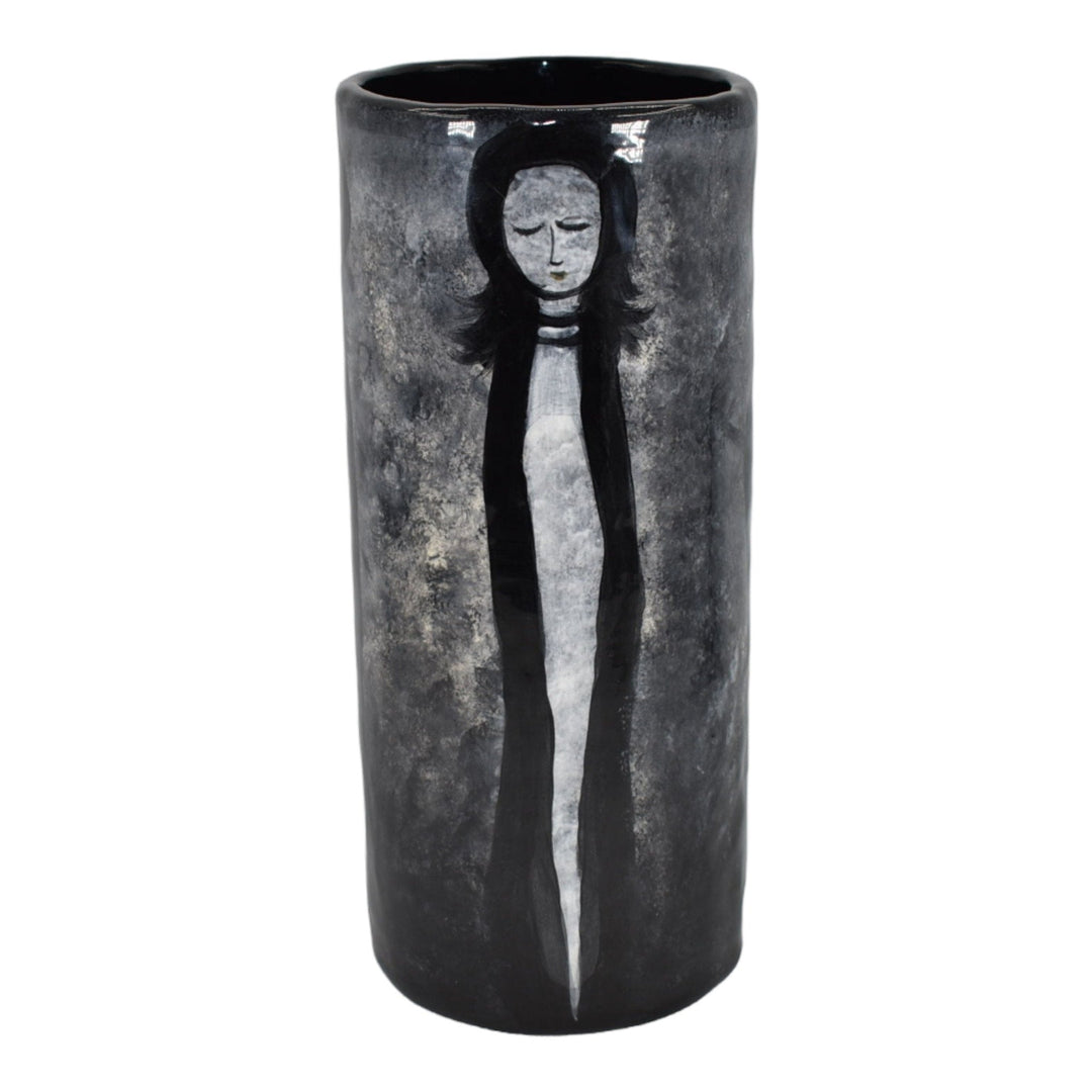 Pillin Studio Art Pottery Hand Painted Four Women Black White Cylindrical Vase - Just Art Pottery
