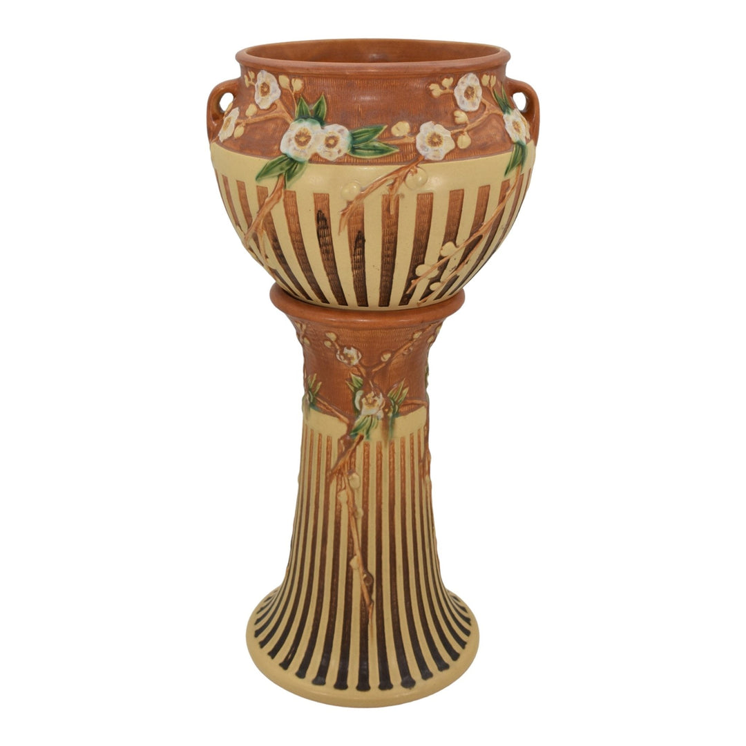 Roseville Cherry Blossom Brown 1933 Pottery Ceramic Jardiniere Pedestal 627 - Just Art Pottery