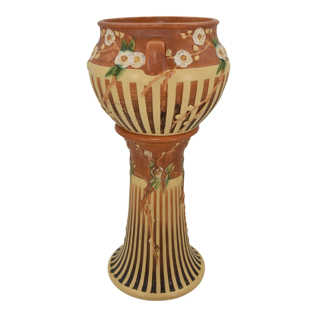 Roseville Cherry Blossom Brown 1933 Pottery Ceramic Jardiniere Pedestal 627 - Just Art Pottery