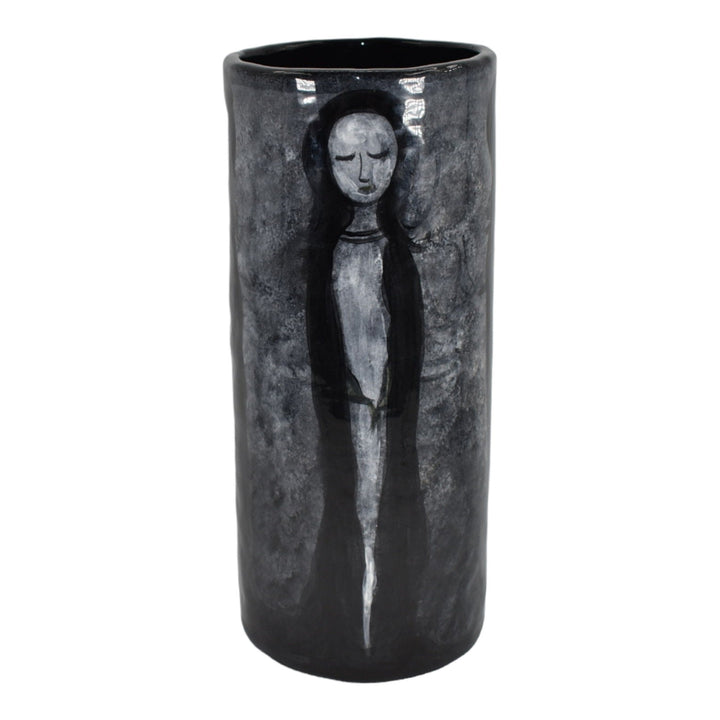 Pillin Studio Art Pottery Hand Painted Four Women Black White Cylindrical Vase - Just Art Pottery