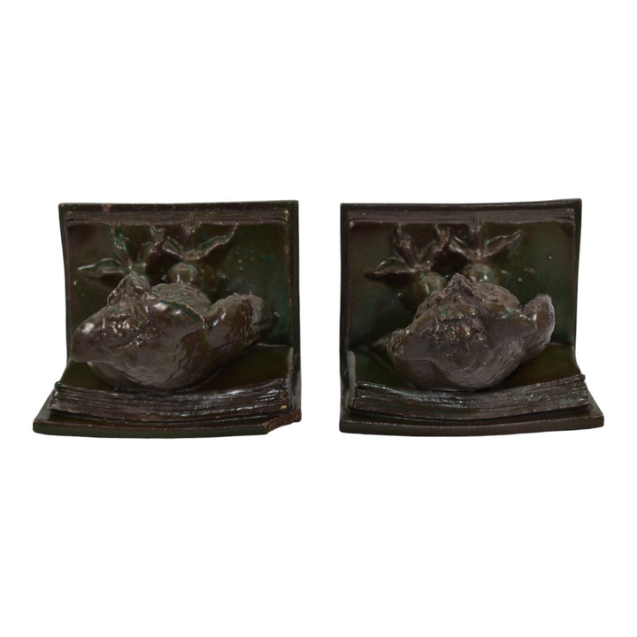 Advance Terra Cotta Chicago Illinois Vintage Art Pottery Brown Owl Bookends - Just Art Pottery