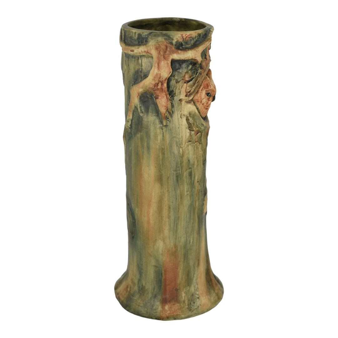 Weller Woodcraft 1920s Vintage Art Pottery Green Ceramic Owl Flower Vase - Just Art Pottery