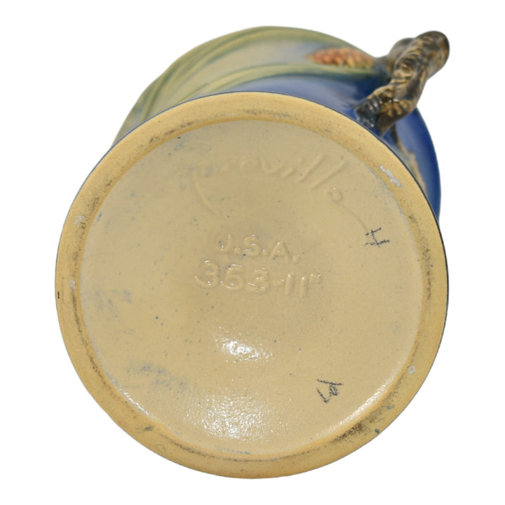 Roseville Pine Cone Blue 1940 Vintage Art Pottery Ceramic Basket 353-11 - Just Art Pottery
