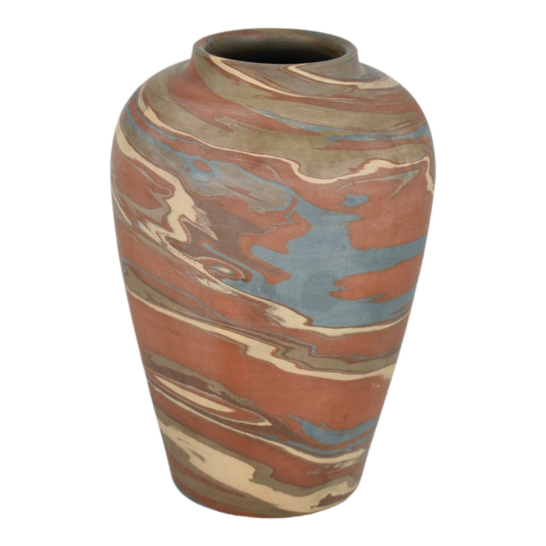 Niloak Mission Swirl 1910-24 Vintage Hand Made Art Pottery Brown Blue 7.5" Vase - Just Art Pottery