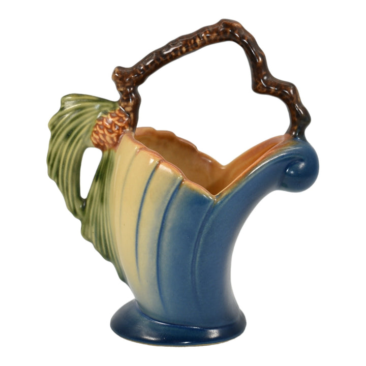 Roseville Pine Cone Blue 1953 Vintage Mid Century Modern Pottery Basket 408-6 - Just Art Pottery
