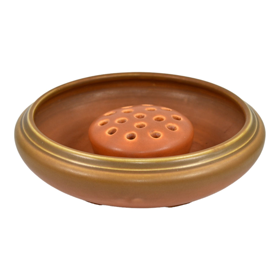 Roseville Rosecraft Burnt Orange 1920s Vintage Art Pottery 8" Bowl Flower Frog - Just Art Pottery