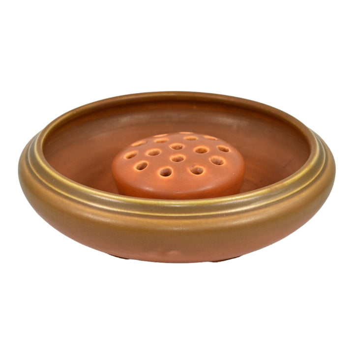 Roseville Rosecraft Burnt Orange 1920s Vintage Art Pottery 8" Bowl Flower Frog - Just Art Pottery