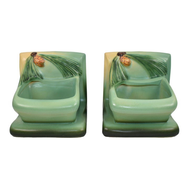 Roseville Pine Cone Green 1953 Vintage Art Pottery Ceramic Planter Bookends 459 - Just Art Pottery