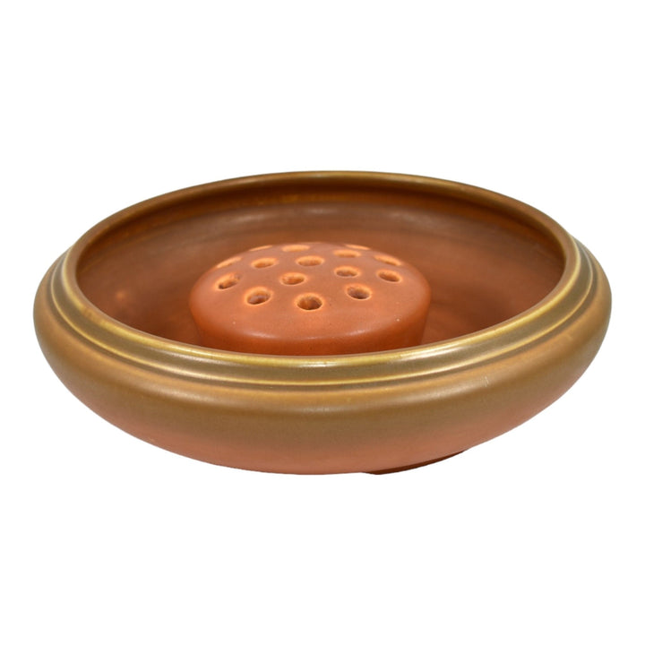 Roseville Rosecraft Burnt Orange 1920s Vintage Art Pottery 8" Bowl Flower Frog - Just Art Pottery