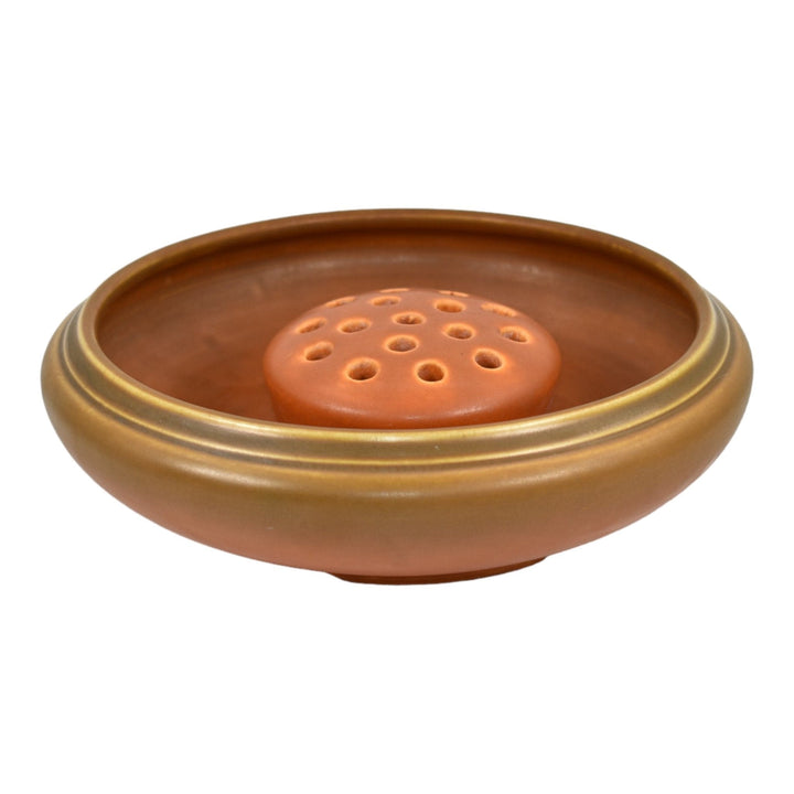 Roseville Rosecraft Burnt Orange 1920s Vintage Art Pottery 8" Bowl Flower Frog - Just Art Pottery