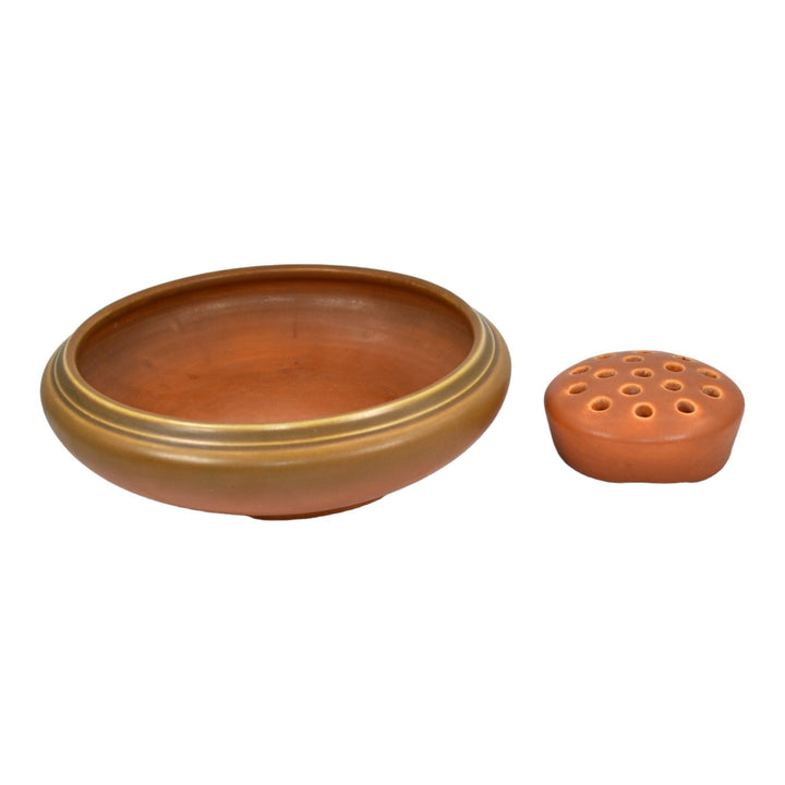 Roseville Rosecraft Burnt Orange 1920s Vintage Art Pottery 8" Bowl Flower Frog - Just Art Pottery