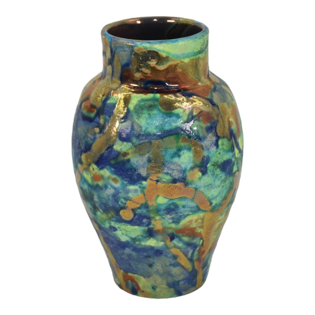 Paul Katrich Studio Pottery Blue Green Gold Metallic Volcanic Luster Vase 1470 - Just Art Pottery