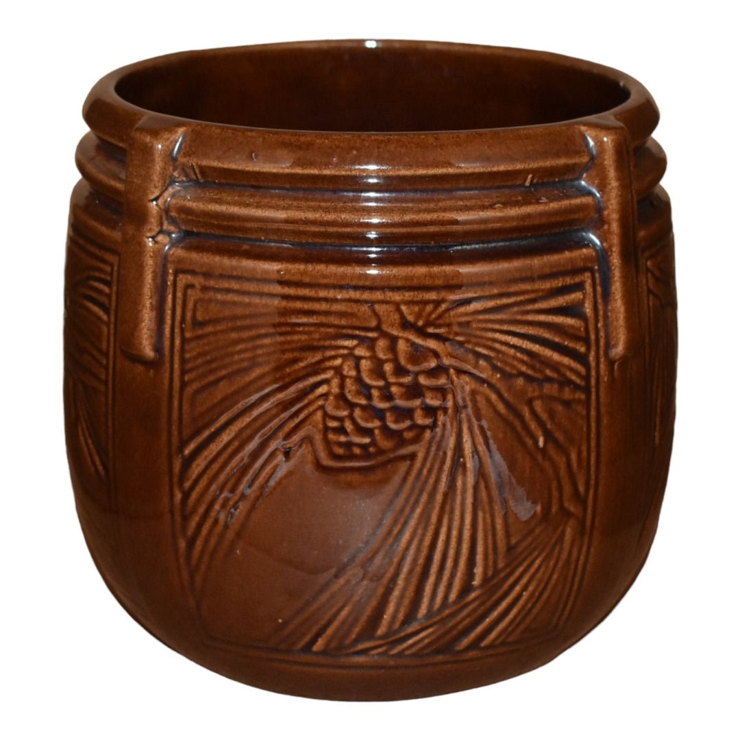 Weller 1910-20s Vintage Pottery Brown Pine Cone Buttressed Jardiniere Planter - Just Art Pottery