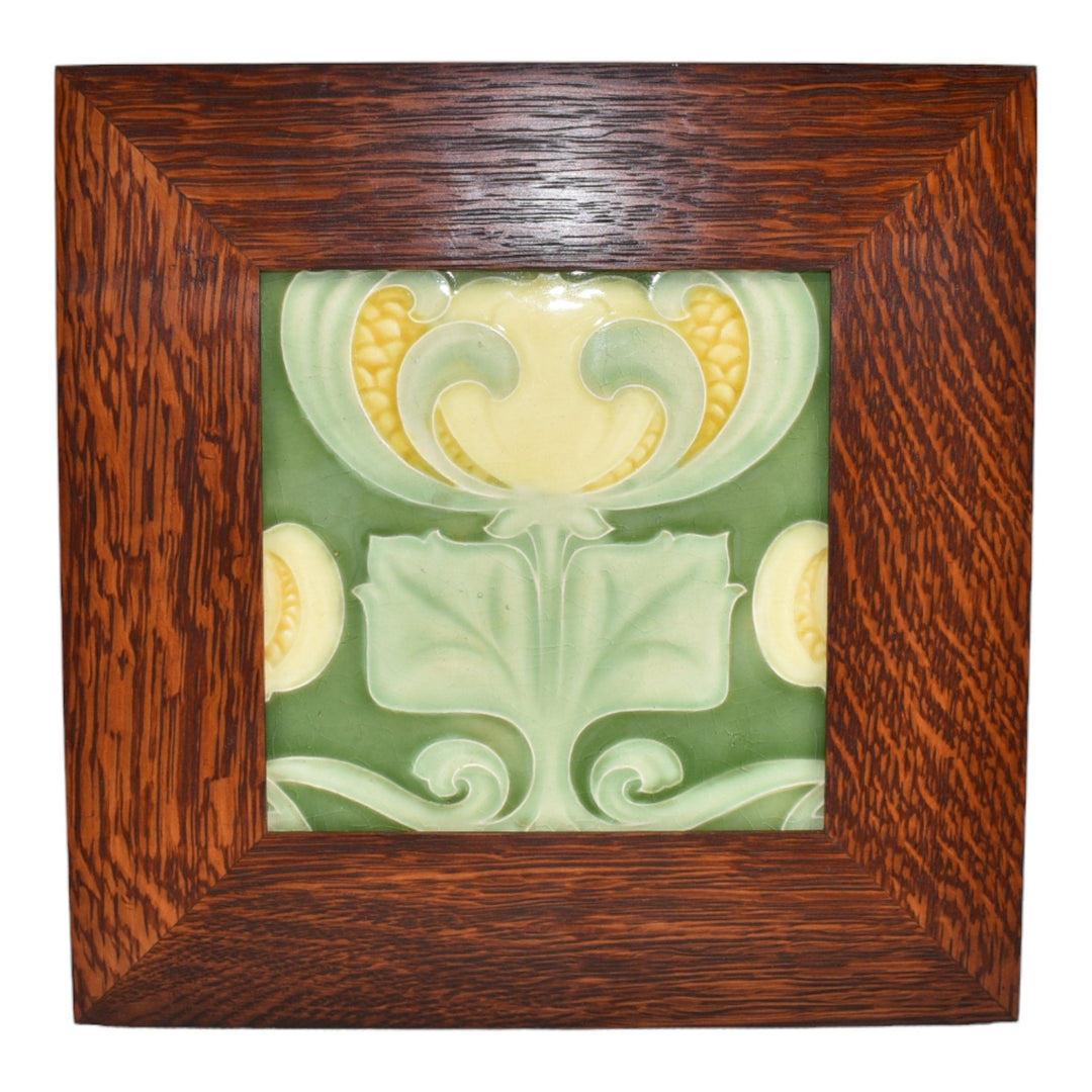 Lea And Boulton England 1900s Art Nouveau Pottery Yellow And Green Framed Tile - Just Art Pottery