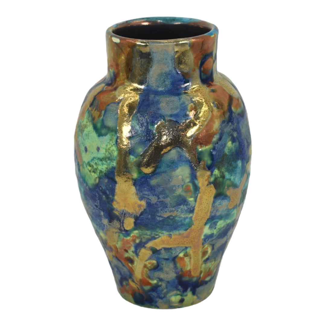 Paul Katrich Studio Pottery Blue Green Gold Metallic Volcanic Luster Vase 1470 - Just Art Pottery
