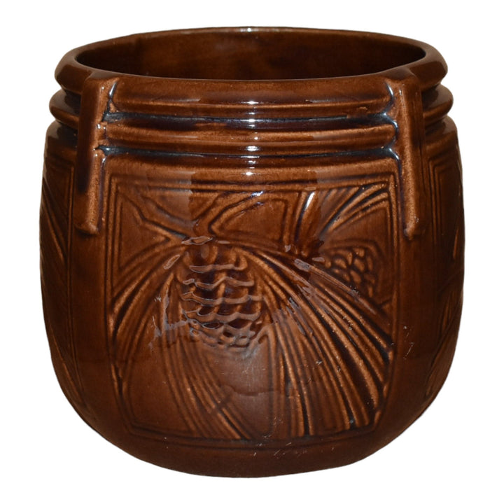 Weller 1910-20s Vintage Pottery Brown Pine Cone Buttressed Jardiniere Planter - Just Art Pottery