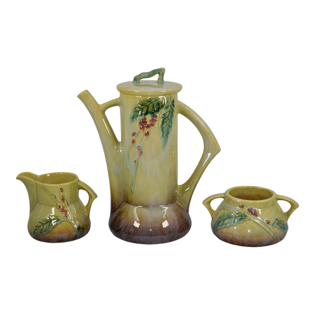 Roseville Wincraft Green 1948 Art Pottery Teapot Sugar Bowl Creamer Tea Set 250 - Just Art Pottery